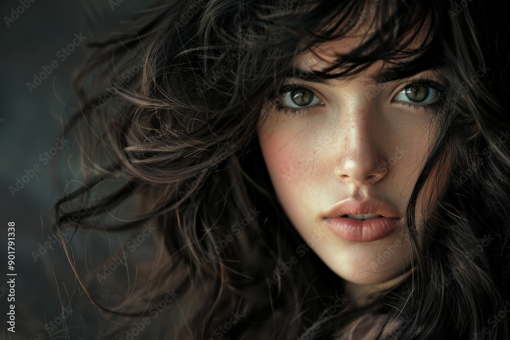 Close-Up Portrait of Woman With Flowing Hair and Captivating Eyes Close-Up Portrait of Woman With Flowing Hair and Captivating Eyes
