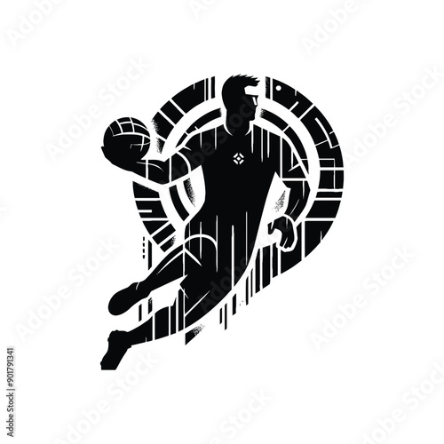 Handball sport male player with cyberpunk, glitch pattern illustration, emblem shield badge