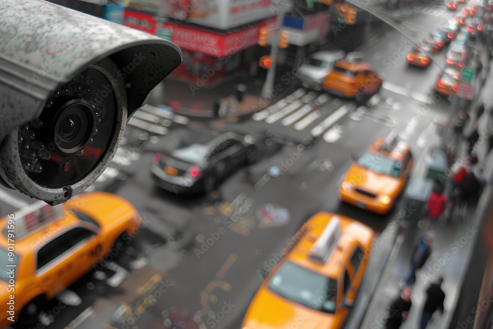 Urban Surveillance: City CCTV Camera Overlooking Bustling Street Traffic Urban Surveillance: City CCTV Camera Overlooking Bustling Street Traffic