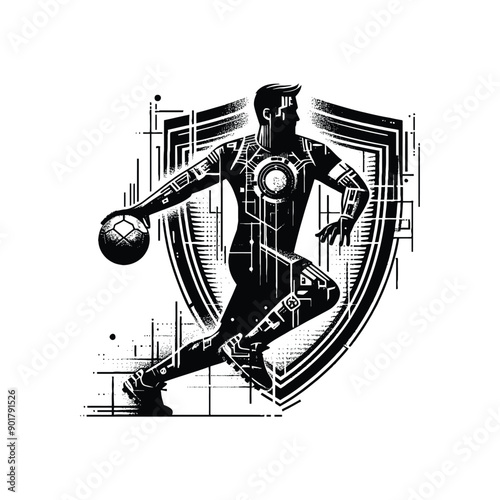 Handball sport male player with cyberpunk, glitch pattern illustration, emblem shield badge