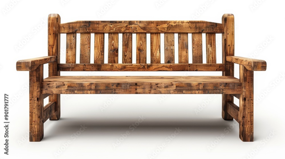Classic wooden bench standing on white background representing concepts of rest, park and outdoor leisure Classic wooden bench standing on white background representing concepts of rest, park and outdoor leisure