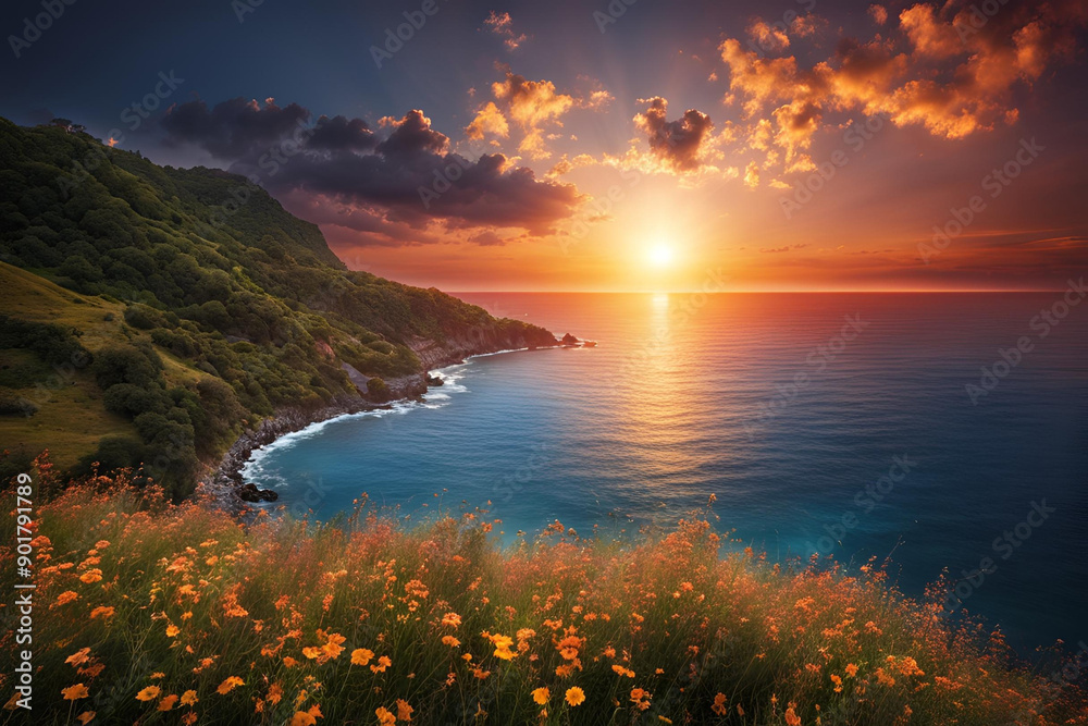 Fototapeta premium A breathtaking coastal sunset with a vibrant sky awash in hues of orange, pink, and purple, contrasting beautifully with the calm, reflective sea below.
