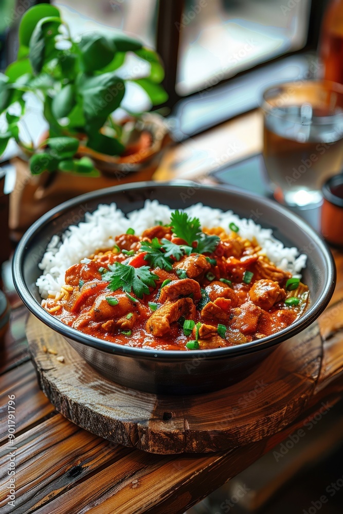 Delicious Curry Bowl With Rice Served in Cozy Restaurant Setting Delicious Curry Bowl With Rice Served in Cozy Restaurant Setting