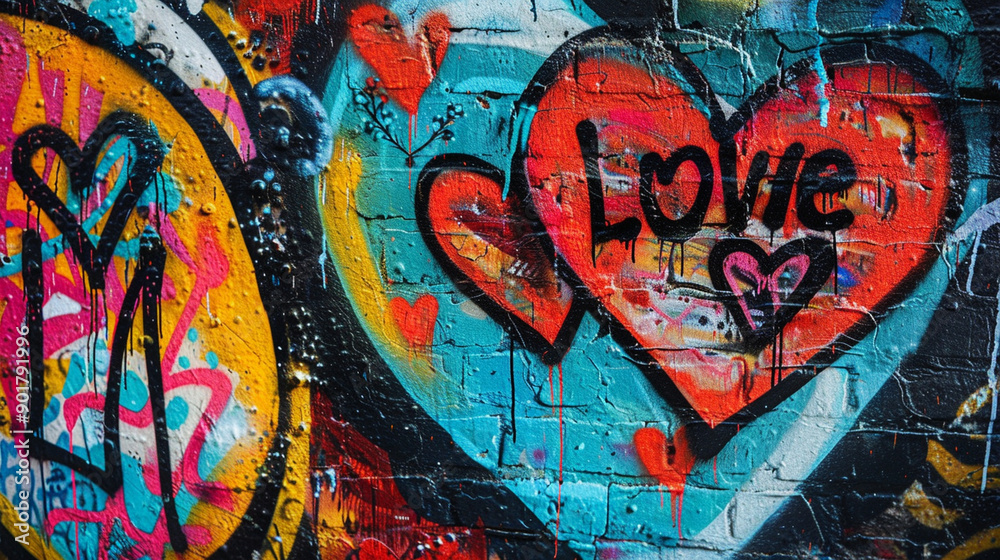 Close-up of a love-themed graffiti with abstract, vibrant colors Close-up of a love-themed graffiti with abstract, vibrant colors