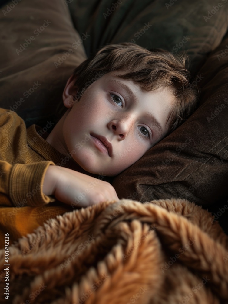A young boy lying down on a couch, wrapped in a cozy blanket A young boy lying down on a couch, wrapped in a cozy blanket