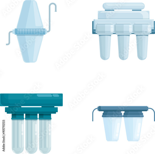 Filter equipment icons set cartoon vector. Water purification and filtration. Clean water