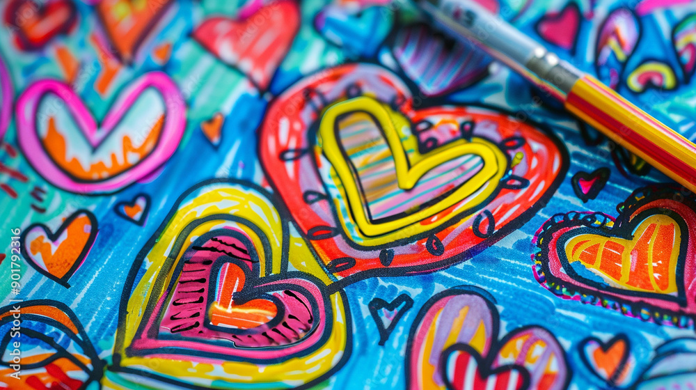 Fototapeta premium Close-up of a love note with abstract, colorful doodles and hearts