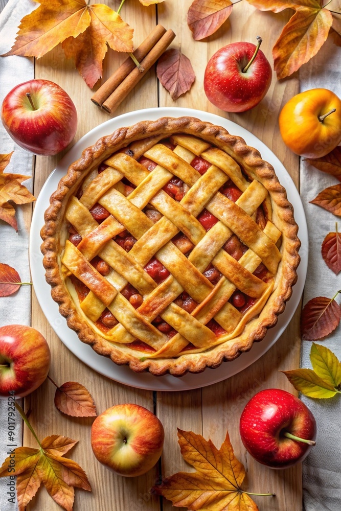 Top view of a Homemade Apple Pie with fresh apples on a white kitchen table. Thanksgiving traditional dessert Top view of a Homemade Apple Pie with fresh apples on a white kitchen table. Thanksgiving traditional dessert