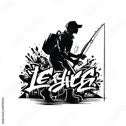 Ice Fishing sport female player with graffiti tags, street art pattern illustration, emblem shield badge