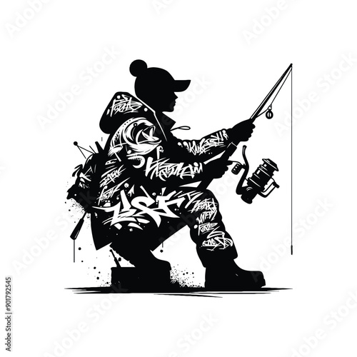 Ice Fishing sport female player with graffiti tags, street art pattern illustration, emblem shield badge