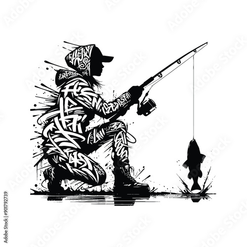 Ice Fishing sport female player with graffiti tags, street art pattern illustration, emblem shield badge
