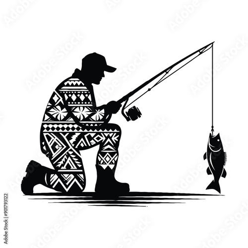 Ice Fishing sport male player with ethnic polynesia pattern illustration, emblem shield badge