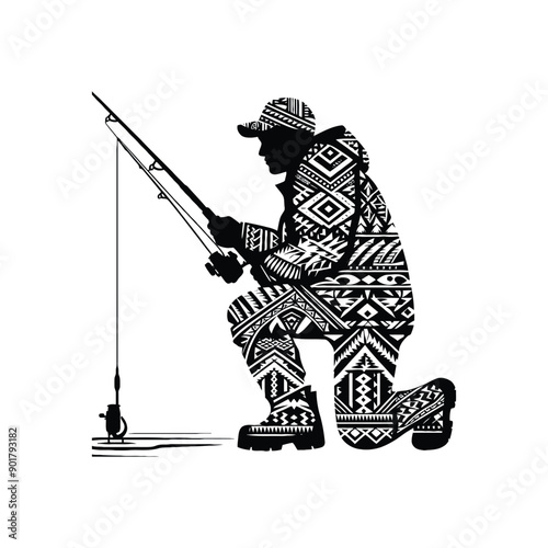 Ice Fishing sport male player with ethnic polynesia pattern illustration, emblem shield badge