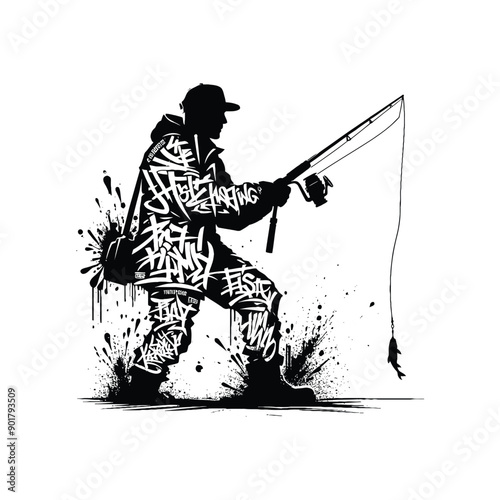 Ice Fishing sport male player with graffiti tags, street art pattern illustration, emblem shield badge