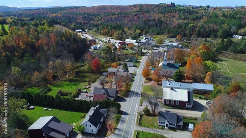 Autumn Aerial of New England Village With White Church - East Burke, Vermont photo