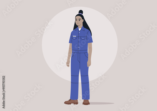 Dedicated Worker stands Confidently in a blue uniform, showcasing professionalism and readiness to work