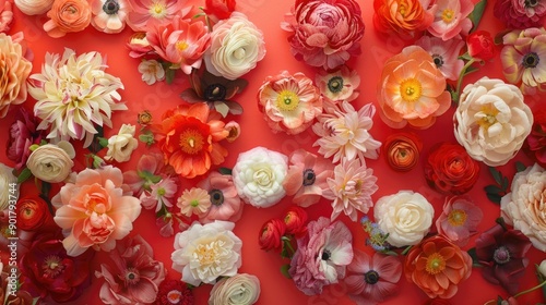 Vibrant Floral Assortment on Red Background - Blossoming Beauty