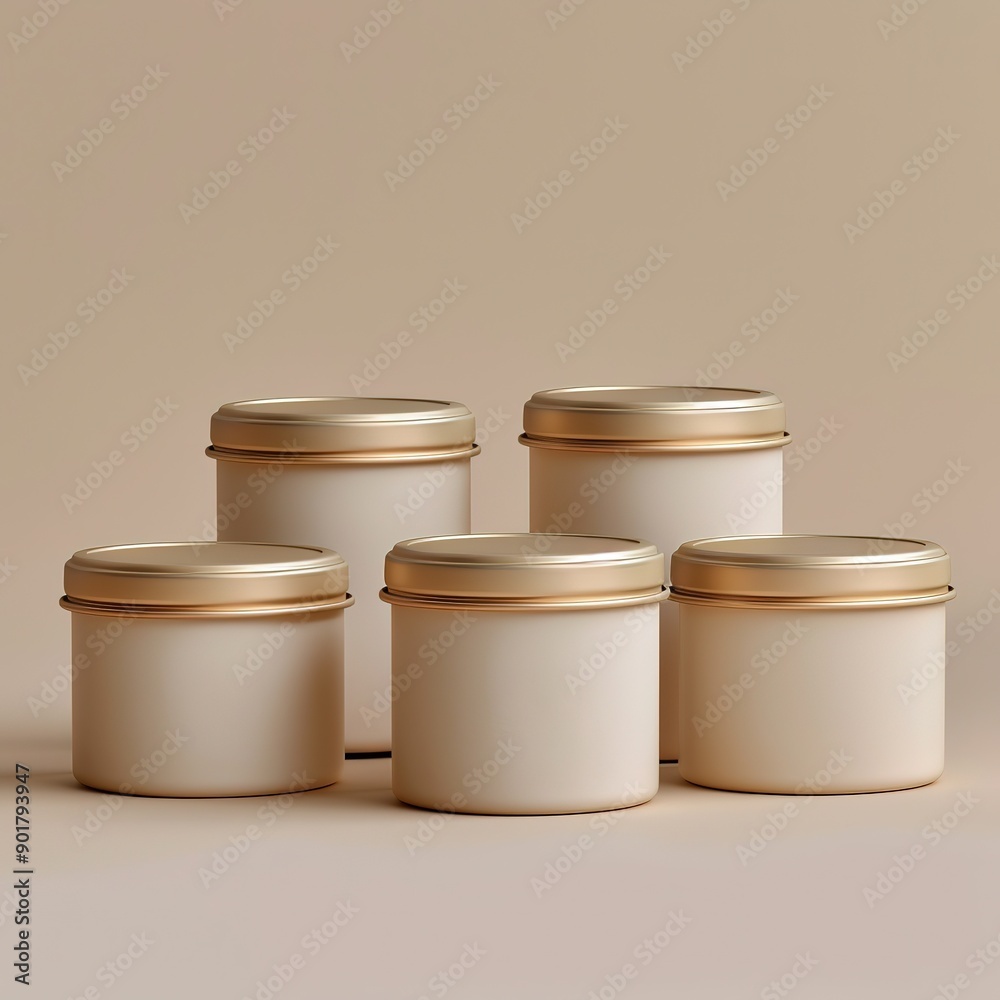 mockup in beige tones for placing a logo on a round lid from an beauty cream can, five jars with lids, Generative Ai mockup in beige tones for placing a logo on a round lid from an beauty cream can, five jars with lids, Generative Ai