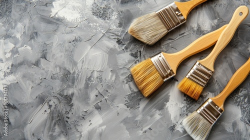 New paint brushes on blurred concrete background with blank space for text Advertising banner photo