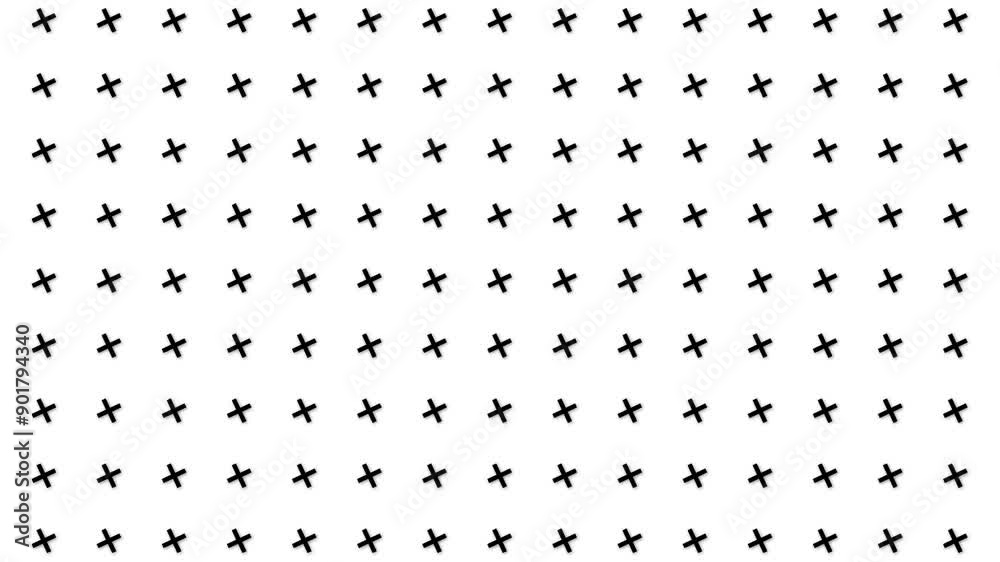 Black spinning crosses loop background 4K. Black crosses on a white backdrop. Simple smooth animated background. 