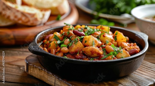 Chicken, Potato, and Bean Stew in Cast Iron Pot