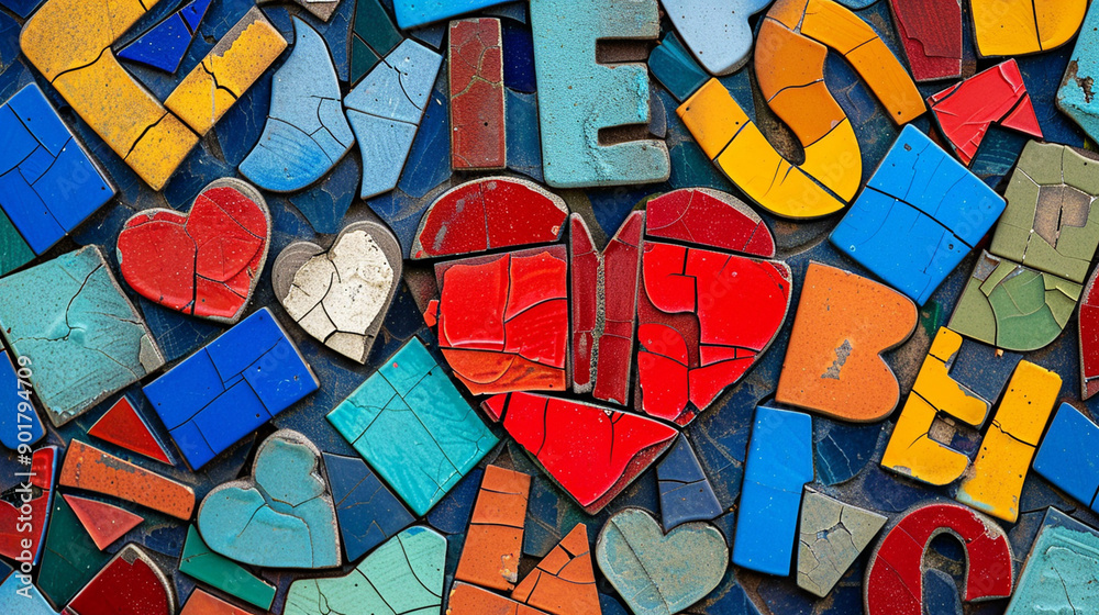 Close-up of abstract love letters arranged in a colorful mosaic Close-up of abstract love letters arranged in a colorful mosaic