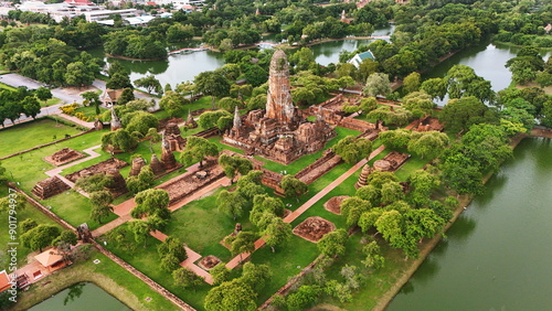Aerial view of in Ayutthaya temple, Wat Phra Ram in Phra Nakhon Si Ayutthaya, Historic park in Thailand