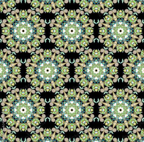 Green Indonesians Batik floral embroidery paisley pattern on Black background Indian kalamkari Mandala Batik traditional block print design  Ajrakh print Madhu Bani. Aztec style abstract vector.