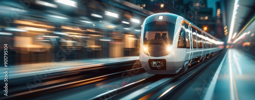 Modern Train Arriving at Night
