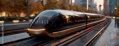 Modern Train Traveling Through City at Dusk