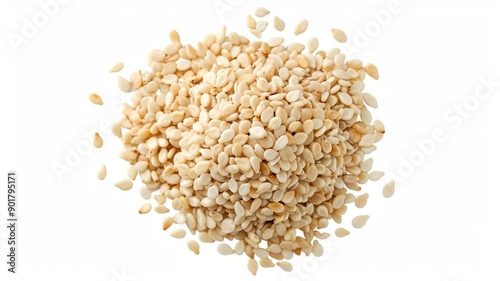 Front view of a wooden scoop filled with Organic White Sesame seeds (Sesamum indicum) or Til. Isolated on a white background. 