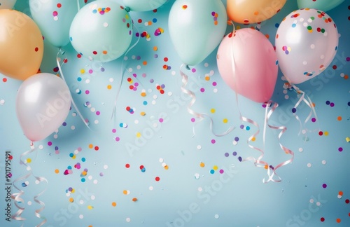 Colorful Balloons and Confetti on Blue Background