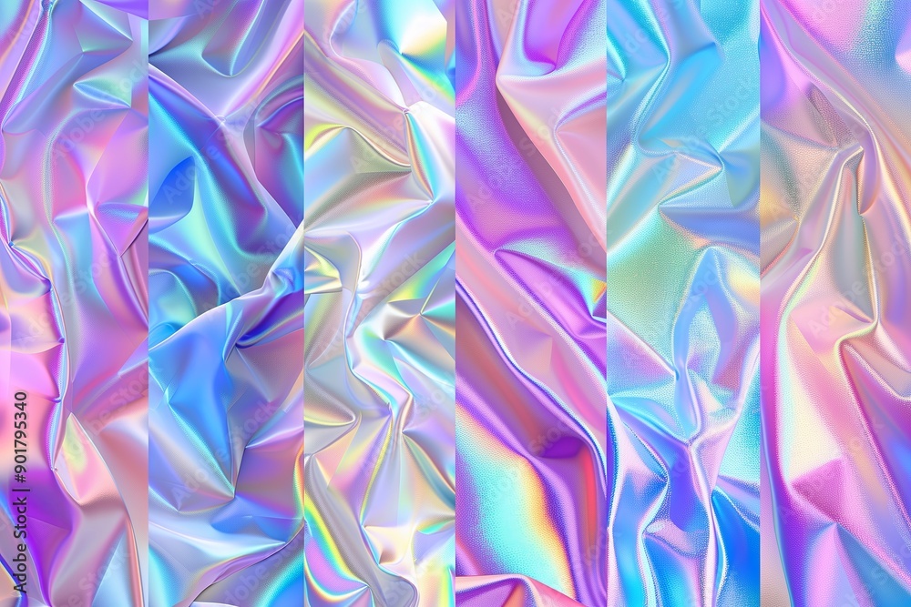 Set of seamless textures of multicolored holographic light crystal patterns, shimmering iridescent hologram hologram background made of glass material