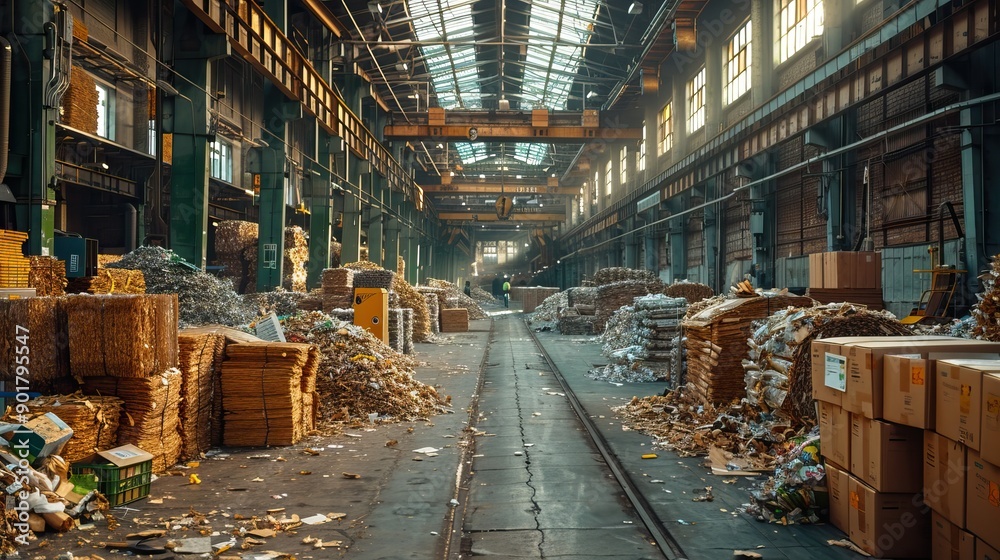 Fototapeta premium Industrial Recycling and Sustainability. From Ecological Factories to Waste Management. Paper recycling factory. AI generated image
