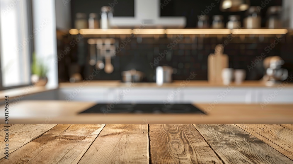 Blurred modern kitchen background with empty wooden table top Blurred modern kitchen background with empty wooden table top