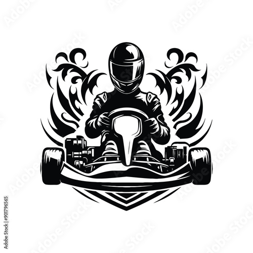 Kart Racing female player with ethnic tribal tattoo, gothic, pattern illustration, emblem shield badge