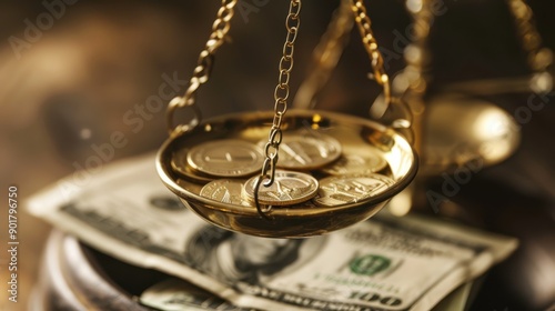 A detailed close-up of a balanced scale with coins and a dollar bill, representing financial value and investment.