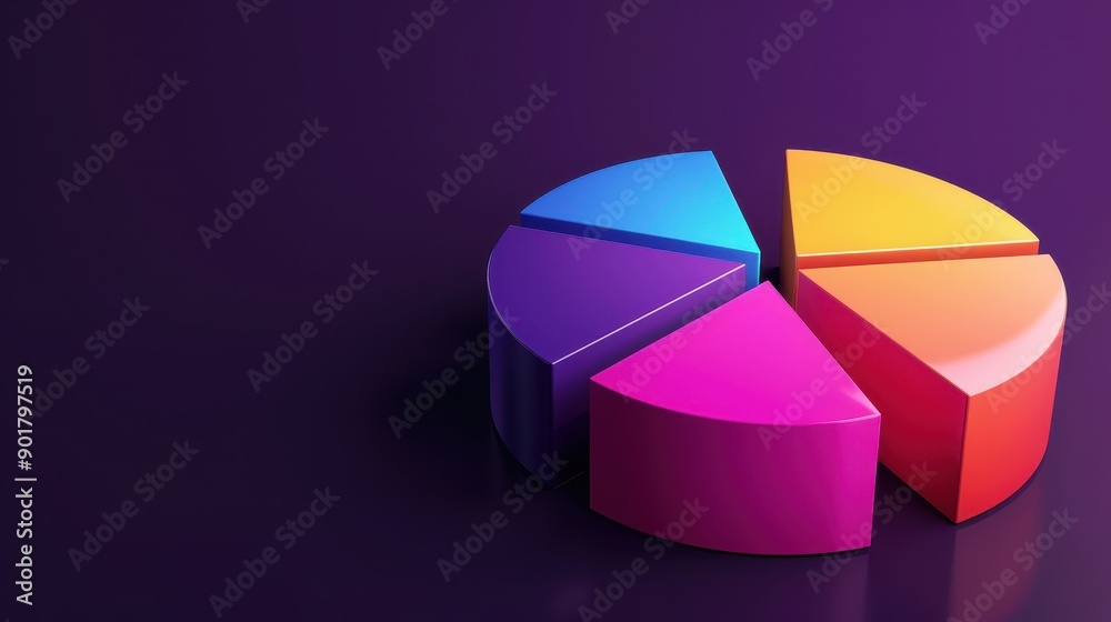 Obraz premium Colorful pie chart segment on a purple background, symbolizing data analysis, statistics, and business insights.