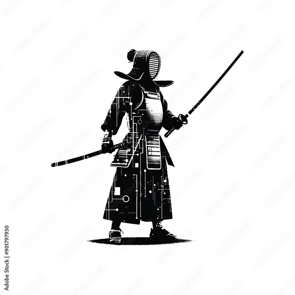 kendo sport female player with cyberpunk, glitch pattern illustration, emblem shield badge kendo sport female player with cyberpunk, glitch pattern illustration, emblem shield badge