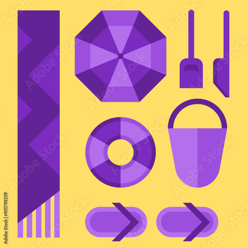 Set of summer stickers. Geometric decorative elements. Minimalist bright stickers. Set of vector elements on the theme of summer on a yellow background.