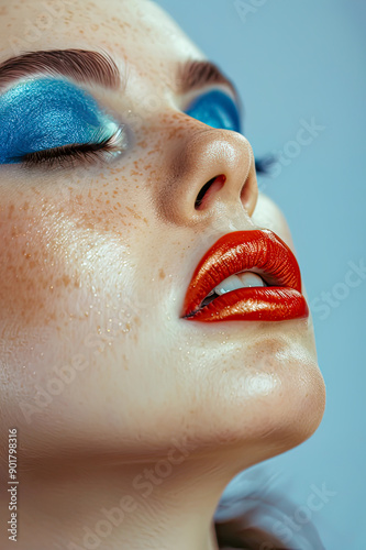 Close-up von einem Frauengesicht mit blauem Make-up  photo