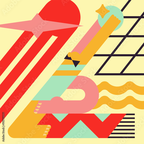 Card with the image of a girl playing ball on the beach. Illustration with geometric elements on a yellow background. Poster in modern style.