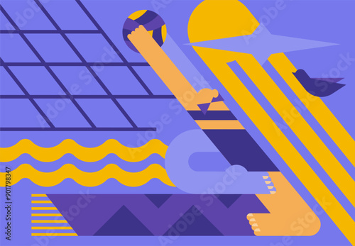 Summer poster. A card with an image of an abstract character. Trendy graphic illustration. Image of a girl playing volleyball on the beach.