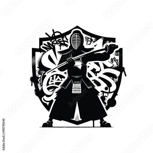 kendo sport female player with graffiti tags, street art pattern illustration, emblem shield badge
