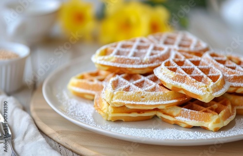 Powdered Sugar Waffles on White Plate