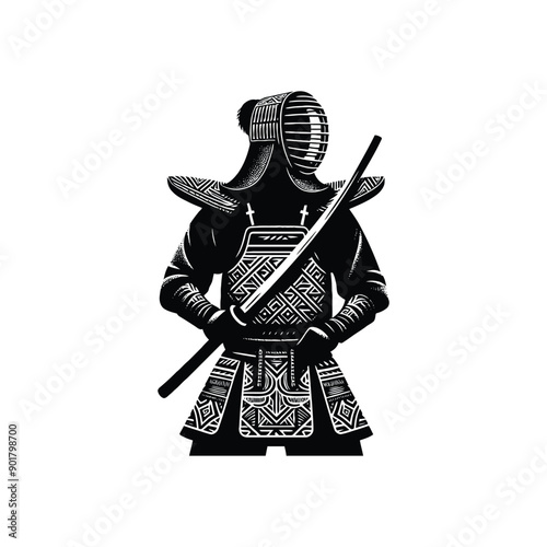 kendo sport male player with ethnic polynesia pattern illustration, emblem shield badge
