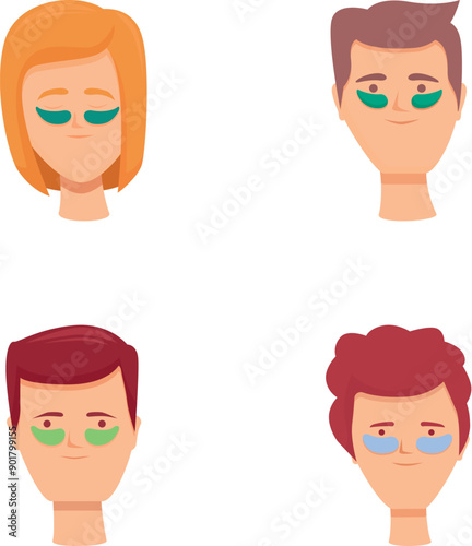 Hydrating patches icons set cartoon vector. People with patches under eye. Cosmetic product