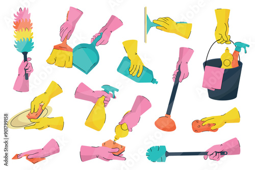 Cleaning tools mega set elements in flat cartoon graphic design. Bundle objects of dust brush, dustpan, broom, rubber gloves hand, detergent bottles, bucket, rag, sponge, other. Vector illustration.