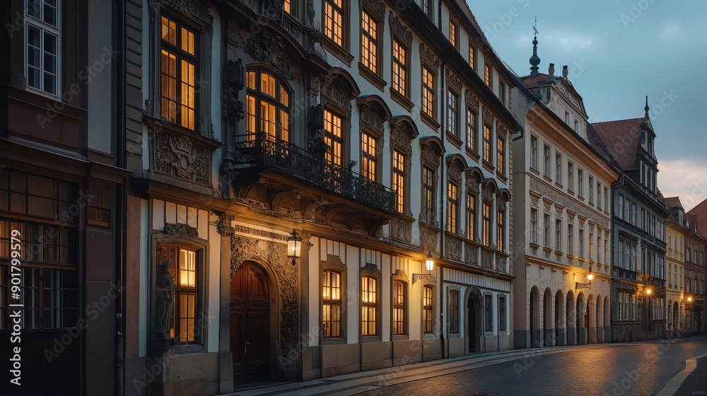 Fototapeta premium Empty cobblestone street with illuminated buildings in the evening