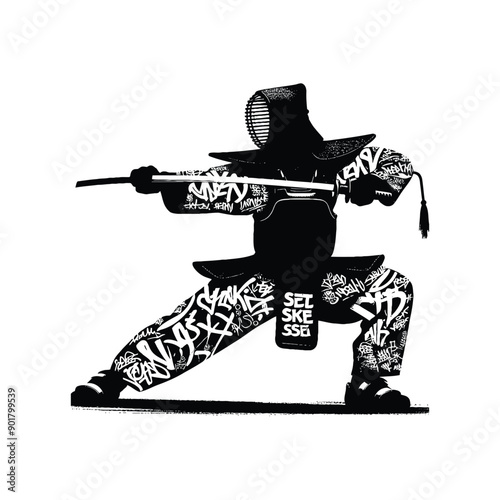 kendo sport male player with graffiti tags, street art pattern illustration, emblem shield badge